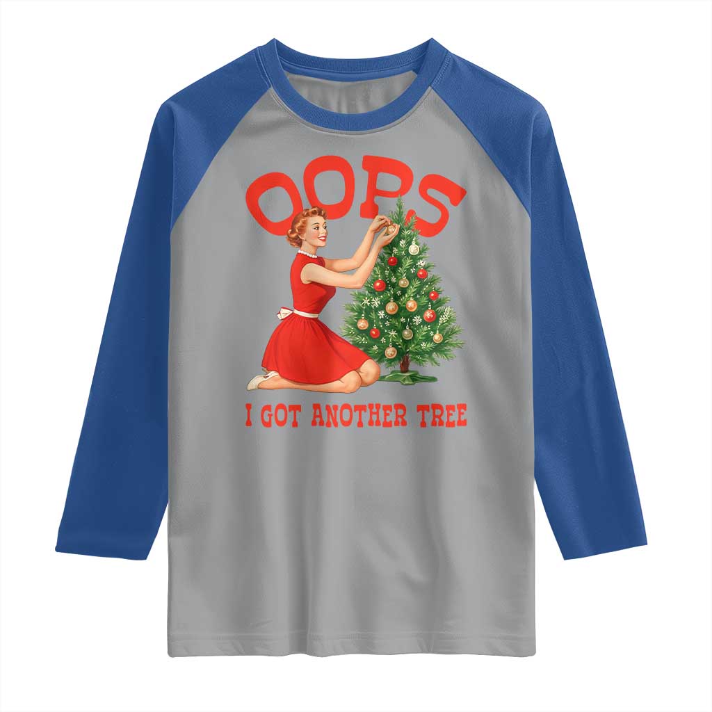 Funny Retro Christmas Pinup Girl Raglan Shirt Oops I Got Another Tree Vintage Pin Up Style Holiday Humor - Wonder Print Shop