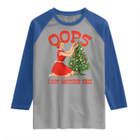 Funny Retro Christmas Pinup Girl Raglan Shirt Oops I Got Another Tree Vintage Pin Up Style Holiday Humor - Wonder Print Shop