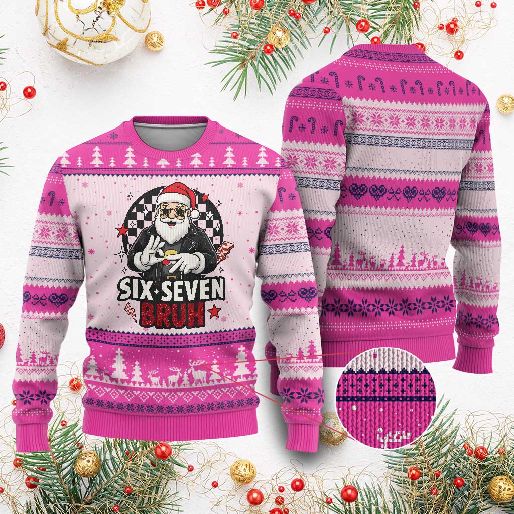 Six Seven Bruh Xmas Meme Ugly Christmas Sweater Cool Santa 67 Hand Sign Street Style Vibes - Wonder Print Shop