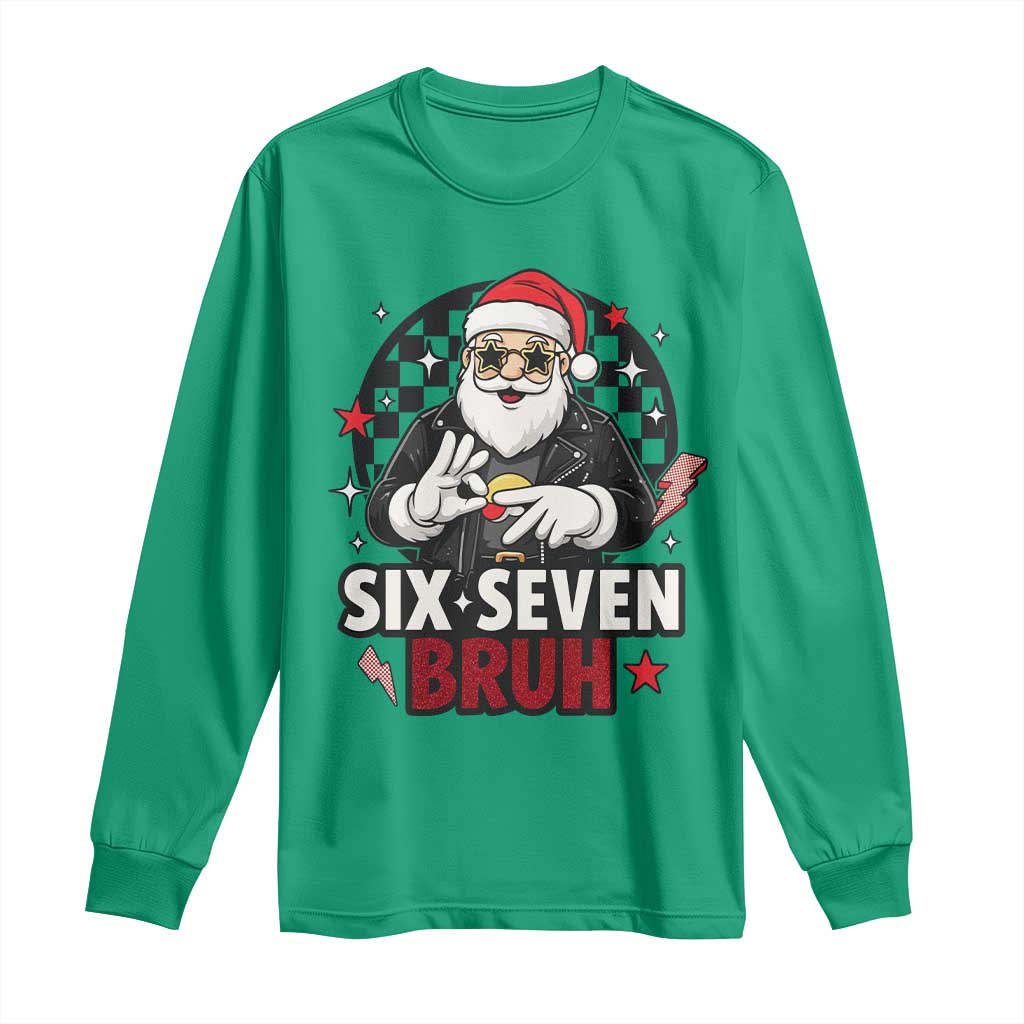 Six Seven Bruh Christmas Meme Long Sleeve Shirt Cool Santa 67 Hand Sign Street Style Vibes - Wonder Print Shop