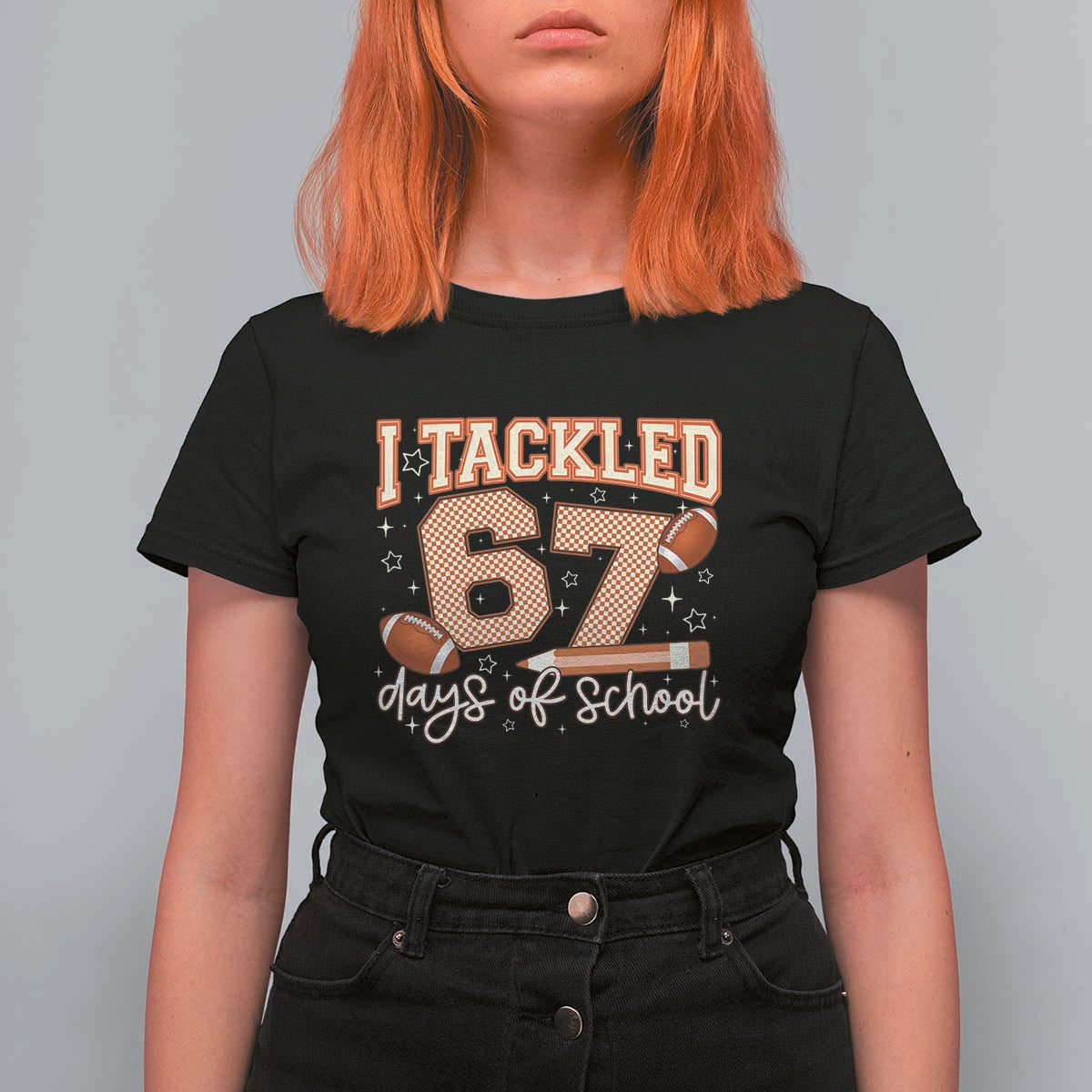 I Tackled 67 Days of School T Shirt For Women Funny Six Seven Meme Football Lover Milestone - Wonder Print Shop