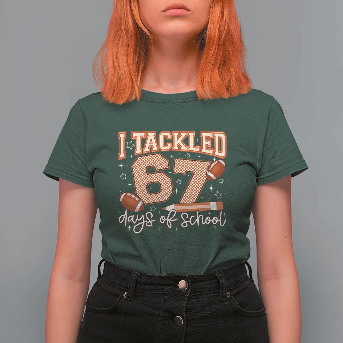 I Tackled 67 Days of School T Shirt For Women Funny Six Seven Meme Football Lover Milestone - Wonder Print Shop