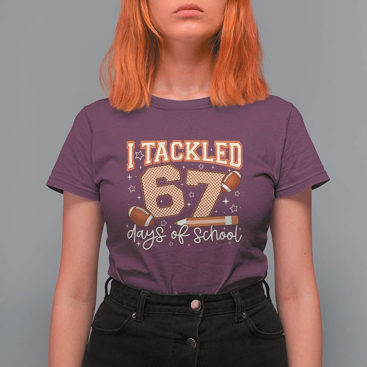 I Tackled 67 Days of School T Shirt For Women Funny Six Seven Meme Football Lover Milestone - Wonder Print Shop