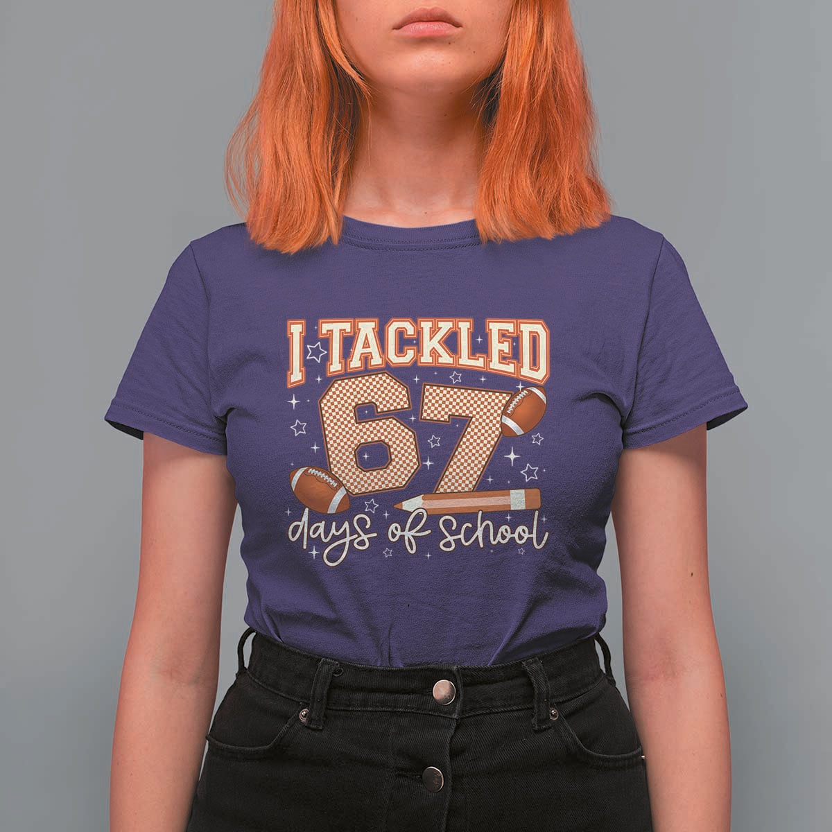 I Tackled 67 Days of School T Shirt For Women Funny Six Seven Meme Football Lover Milestone - Wonder Print Shop