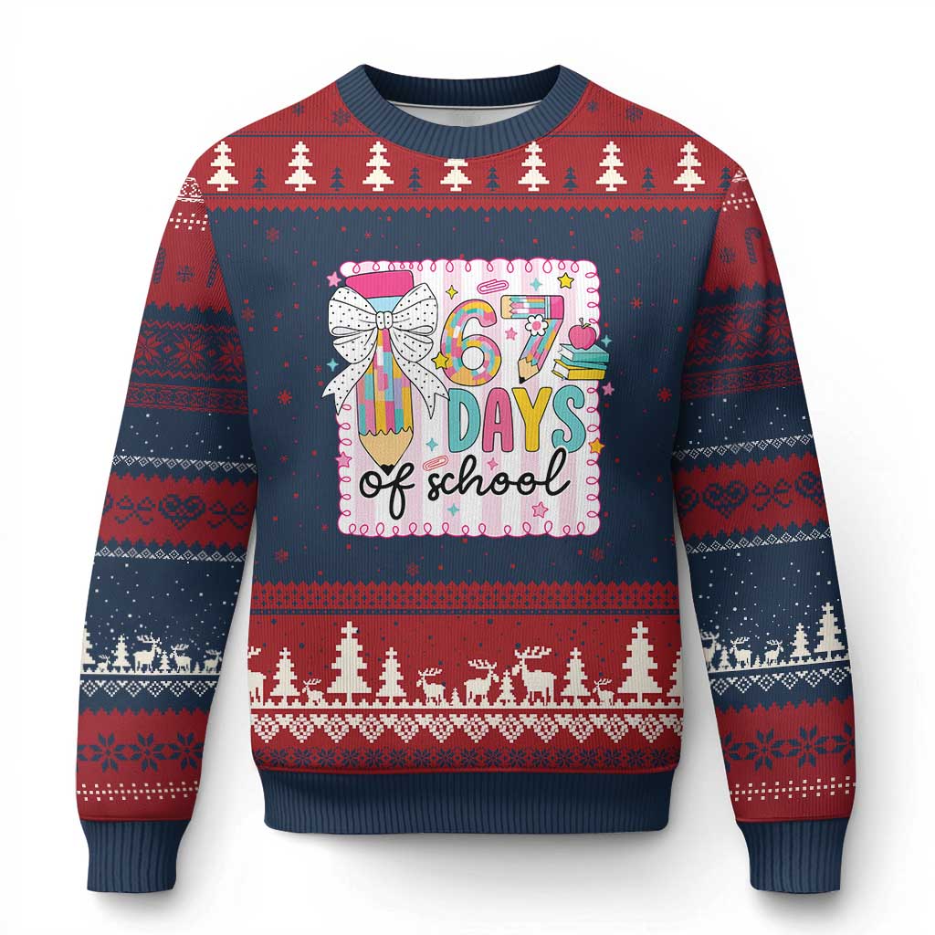 67 Days of School Ugly Christmas Sweater Six Seven Cute Girly Pencil and Bow for Students Teachers - Wonder Print Shop