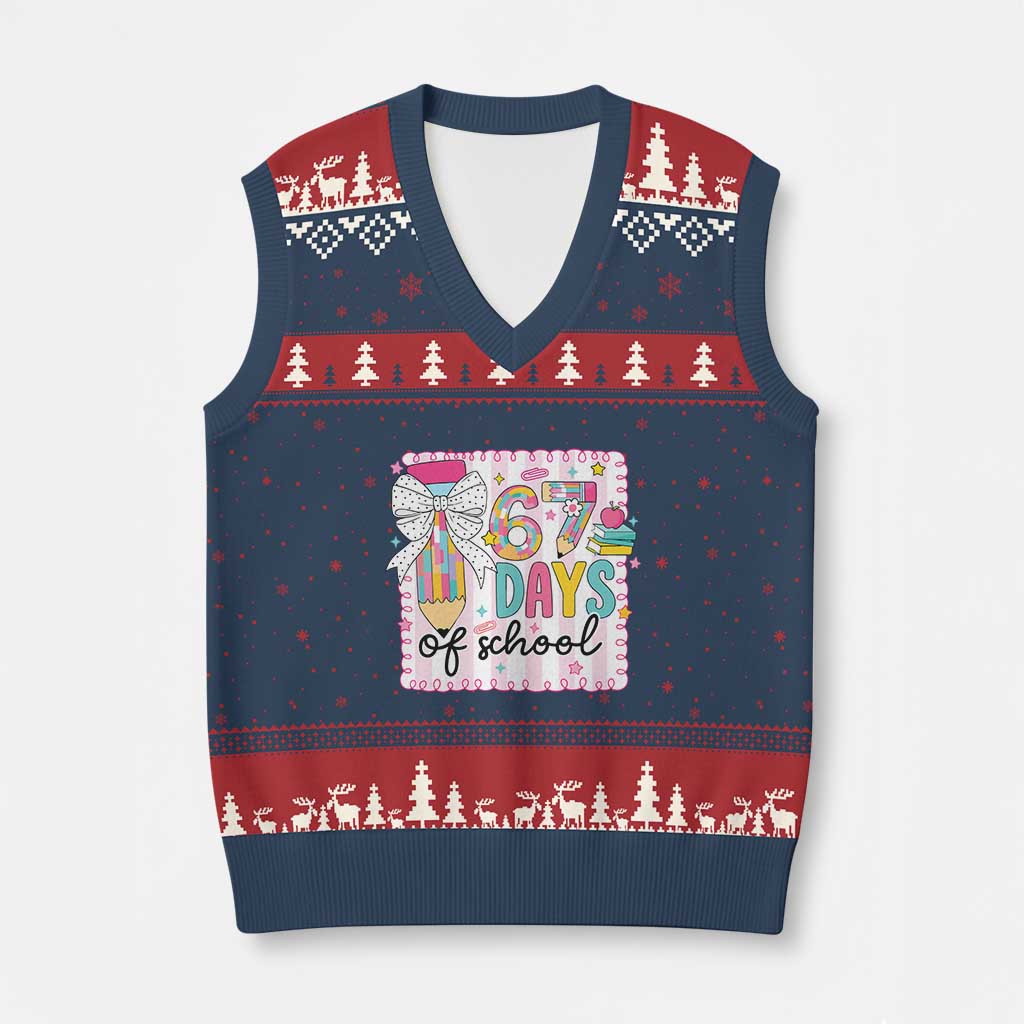 67 Days of School V-Neck Knit Sweater Vest Six Seven Cute Girly Pencil and Bow for Students Teachers - Wonder Print Shop
