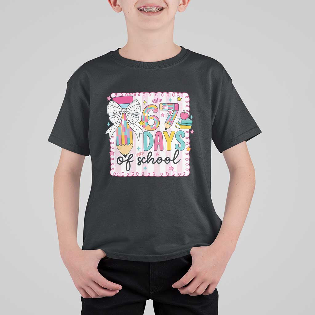 67 Days of School T Shirt For Kid Six Seven Cute Girly Pencil and Bow for Students Teachers - Wonder Print Shop