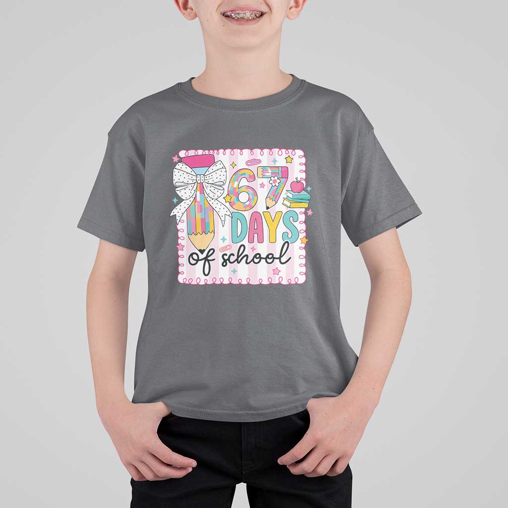 67 Days of School T Shirt For Kid Six Seven Cute Girly Pencil and Bow for Students Teachers - Wonder Print Shop