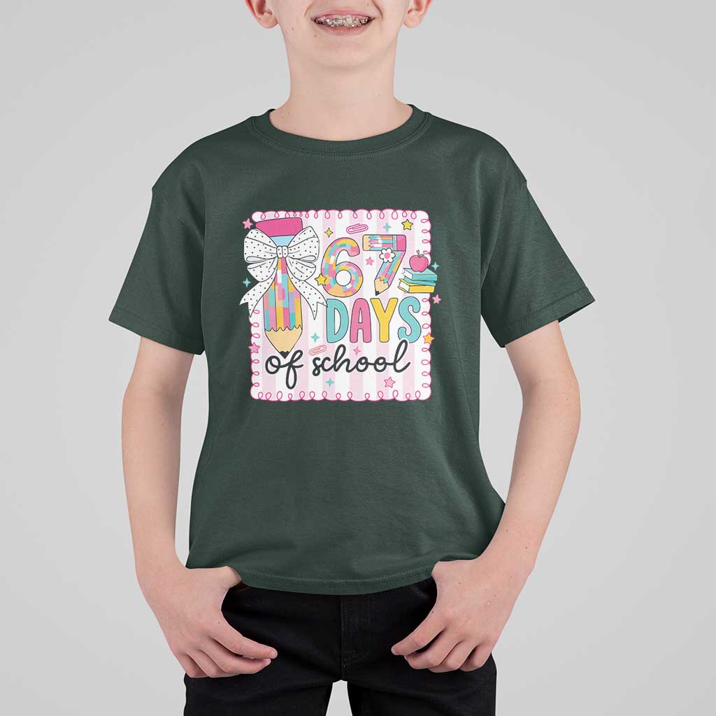 67 Days of School T Shirt For Kid Six Seven Cute Girly Pencil and Bow for Students Teachers - Wonder Print Shop