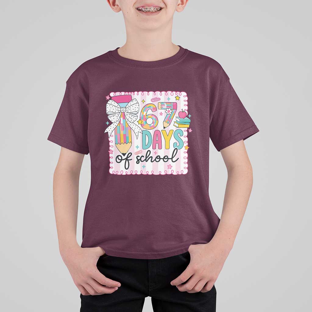 67 Days of School T Shirt For Kid Six Seven Cute Girly Pencil and Bow for Students Teachers - Wonder Print Shop