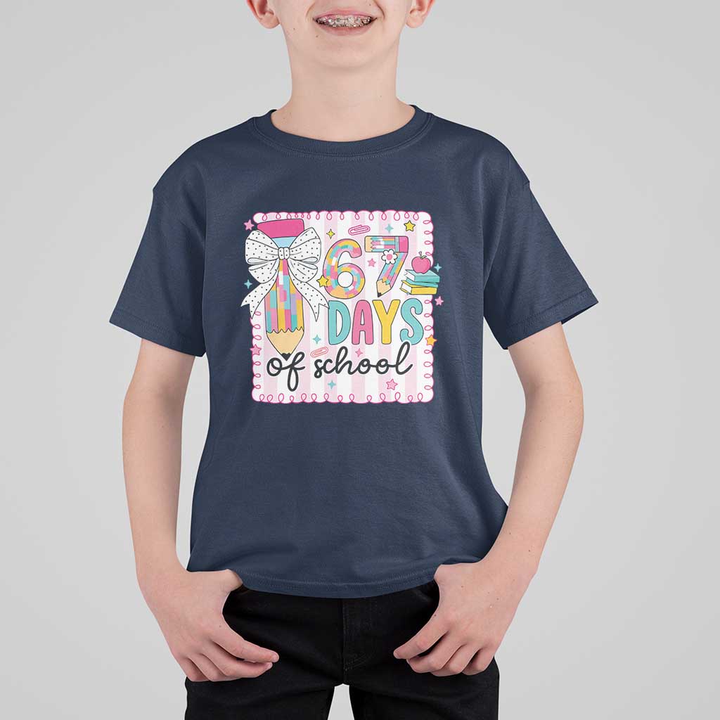67 Days of School T Shirt For Kid Six Seven Cute Girly Pencil and Bow for Students Teachers - Wonder Print Shop