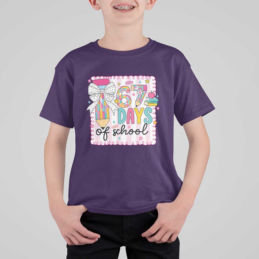 67 Days of School T Shirt For Kid Six Seven Cute Girly Pencil and Bow for Students Teachers - Wonder Print Shop