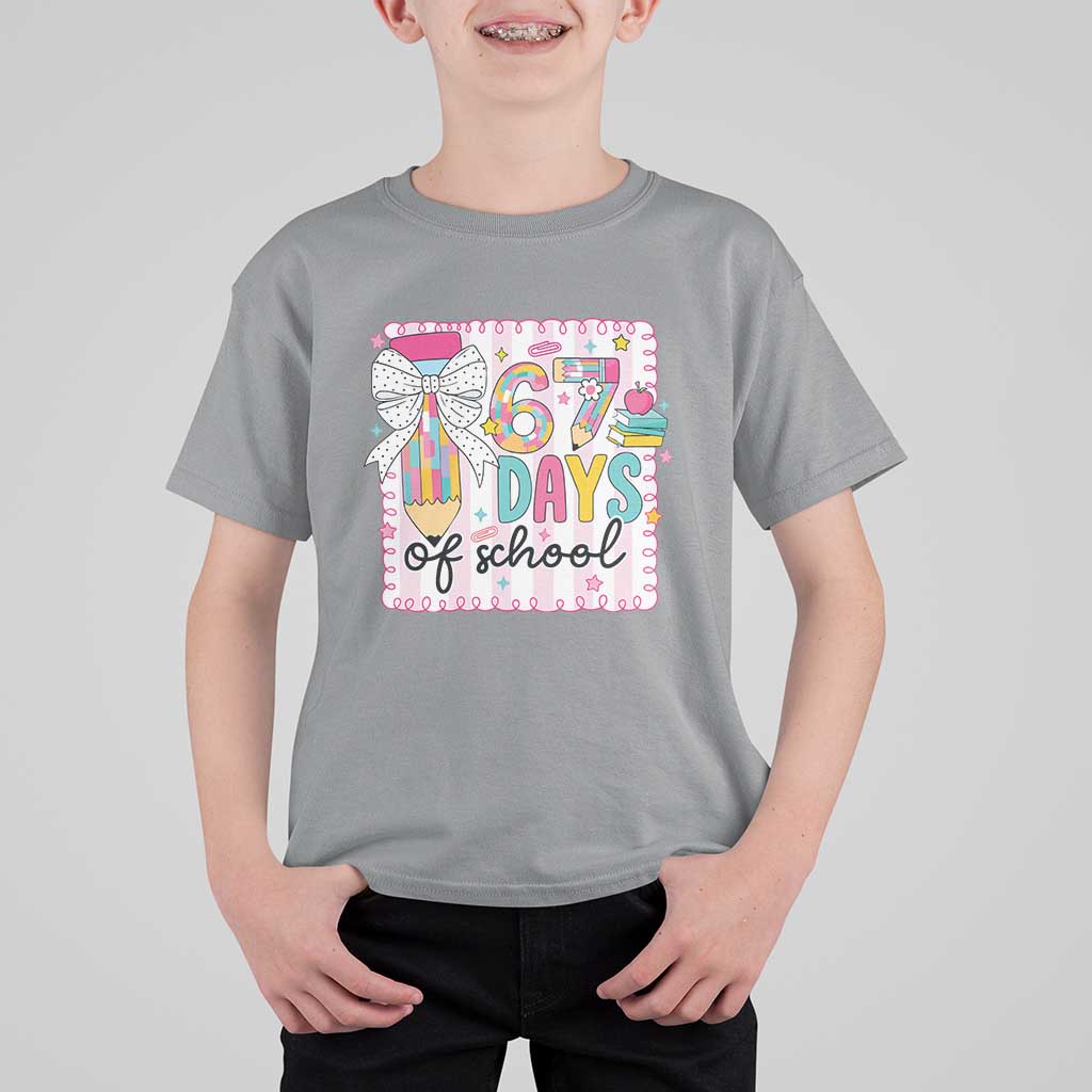 67 Days of School T Shirt For Kid Six Seven Cute Girly Pencil and Bow for Students Teachers - Wonder Print Shop
