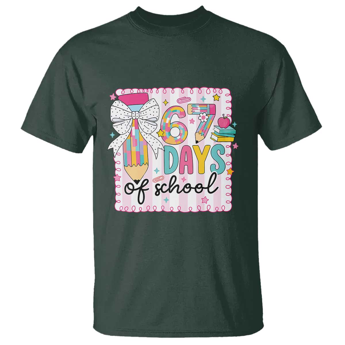 67 Days of School T Shirt Six Seven Cute Girly Pencil and Bow for Students Teachers - Wonder Print Shop