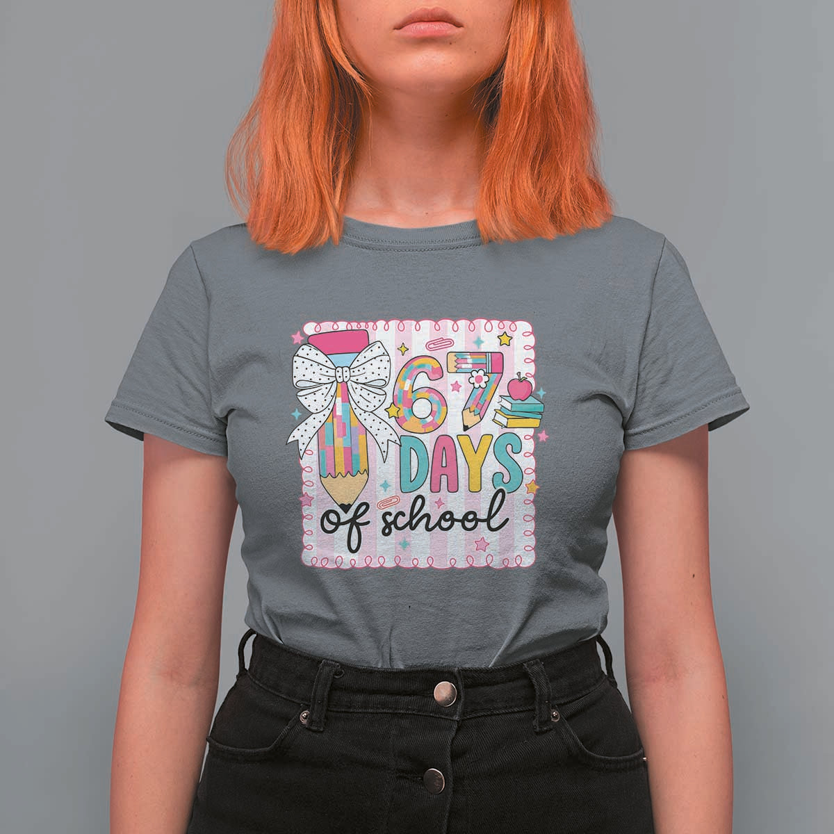 67 Days of School T Shirt For Women Six Seven Cute Girly Pencil and Bow for Students Teachers - Wonder Print Shop