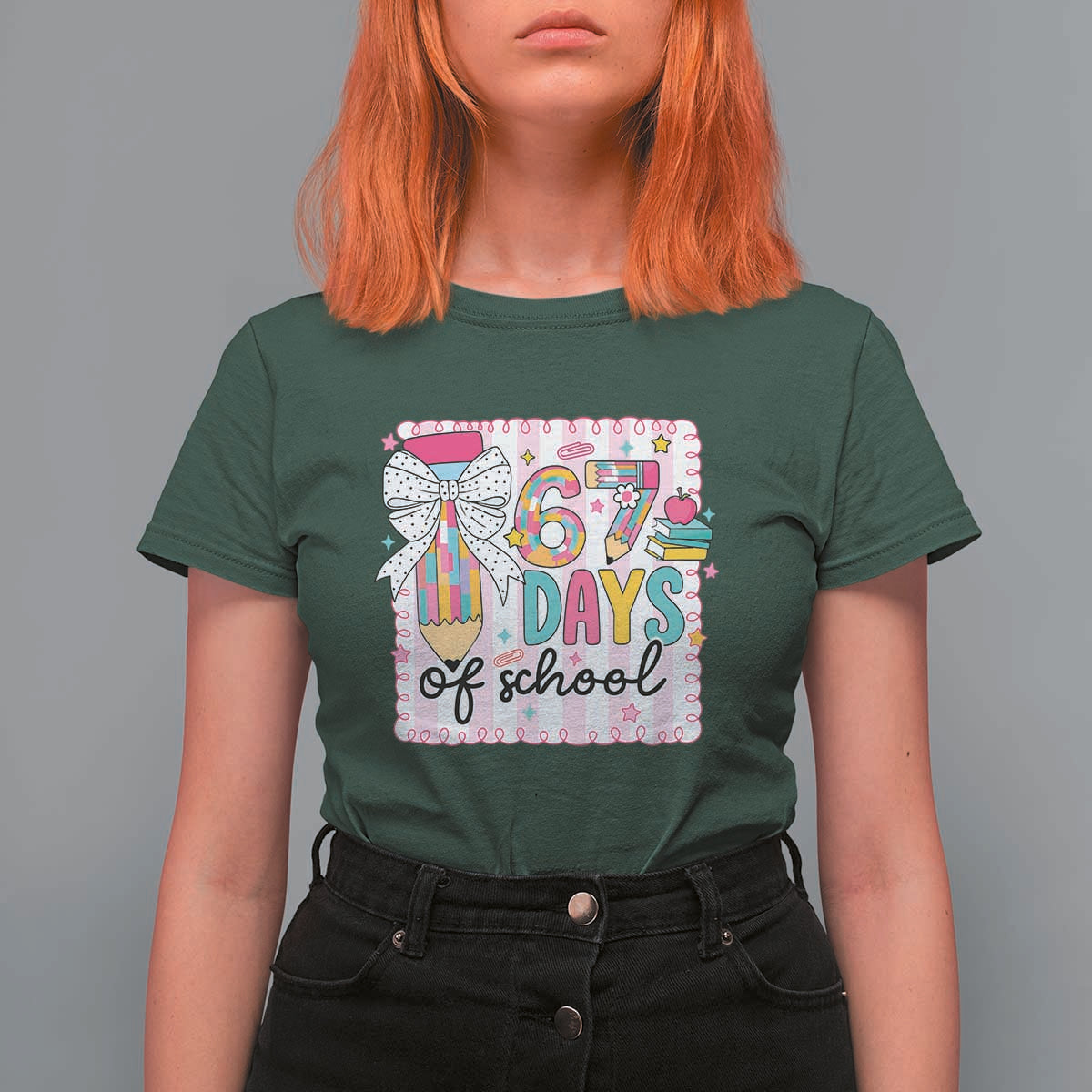 67 Days of School T Shirt For Women Six Seven Cute Girly Pencil and Bow for Students Teachers - Wonder Print Shop