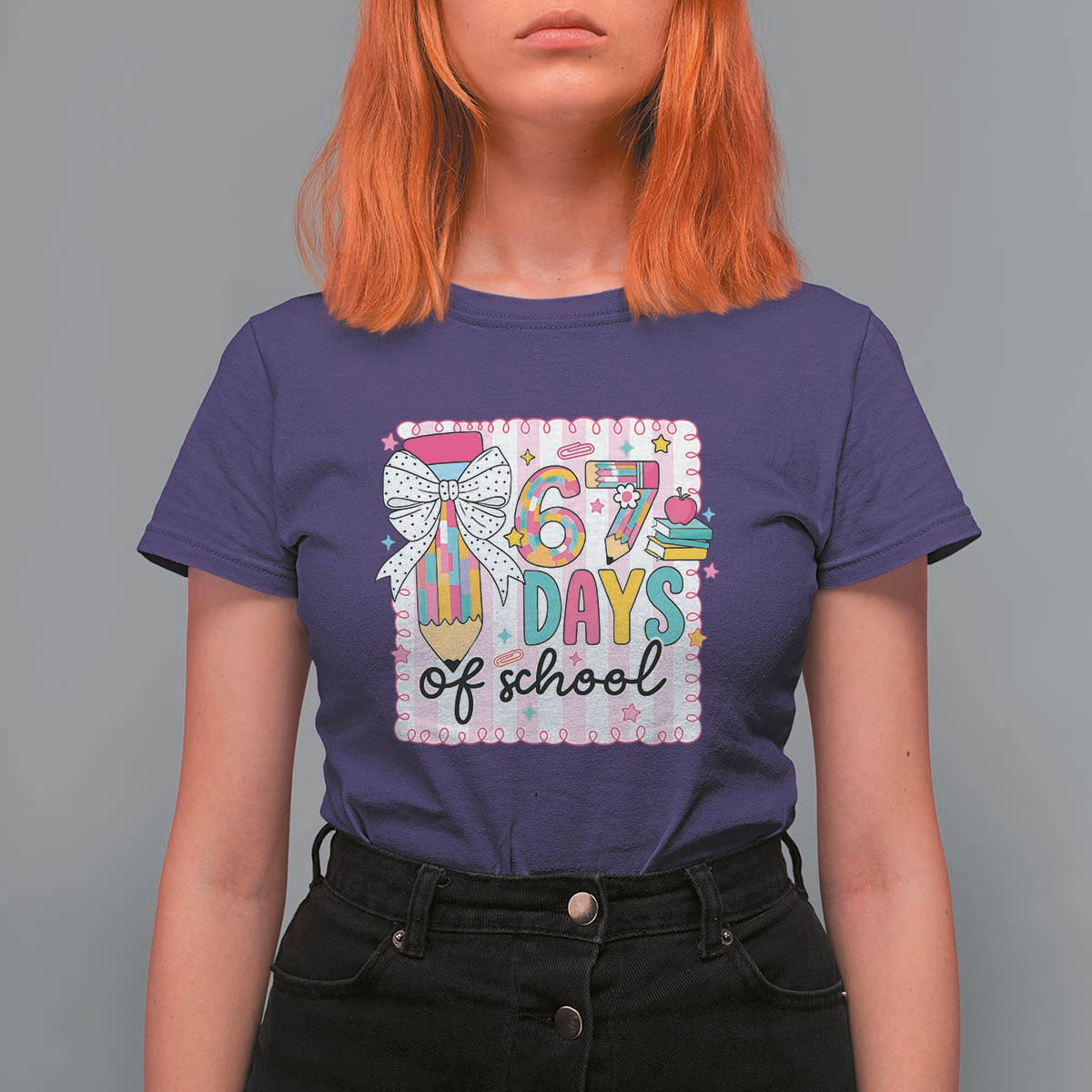 67 Days of School T Shirt For Women Six Seven Cute Girly Pencil and Bow for Students Teachers - Wonder Print Shop