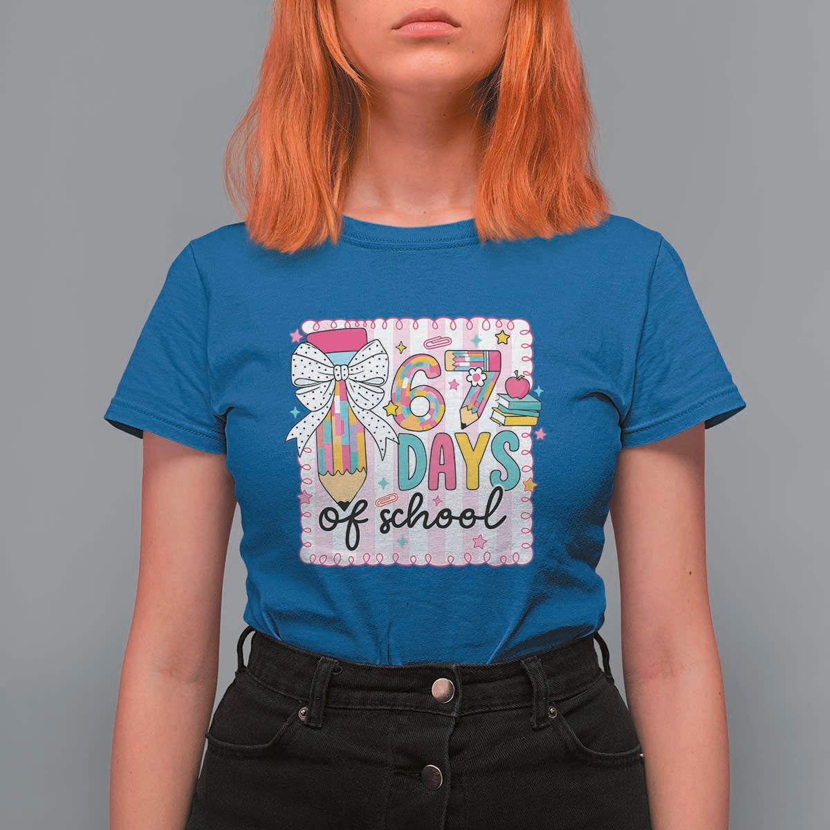 67 Days of School T Shirt For Women Six Seven Cute Girly Pencil and Bow for Students Teachers - Wonder Print Shop