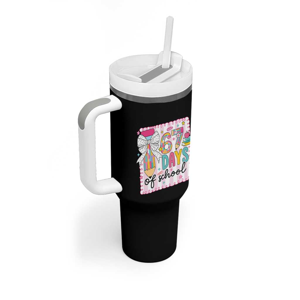 67 Days of School Tumbler With Handle Six Seven Cute Girly Pencil and Bow for Students Teachers - Wonder Print Shop