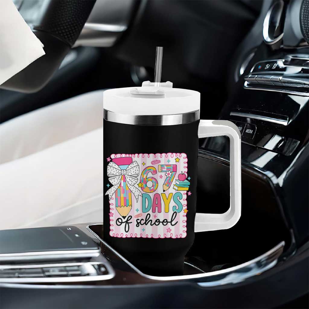 67 Days of School Tumbler With Handle Six Seven Cute Girly Pencil and Bow for Students Teachers - Wonder Print Shop