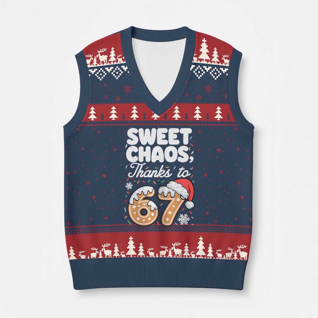 Sweet Chaos Thanks to 67 V-Neck Knit Sweater Vest Funny Xmas Cookie Meme with Sprinkles - Wonder Print Shop
