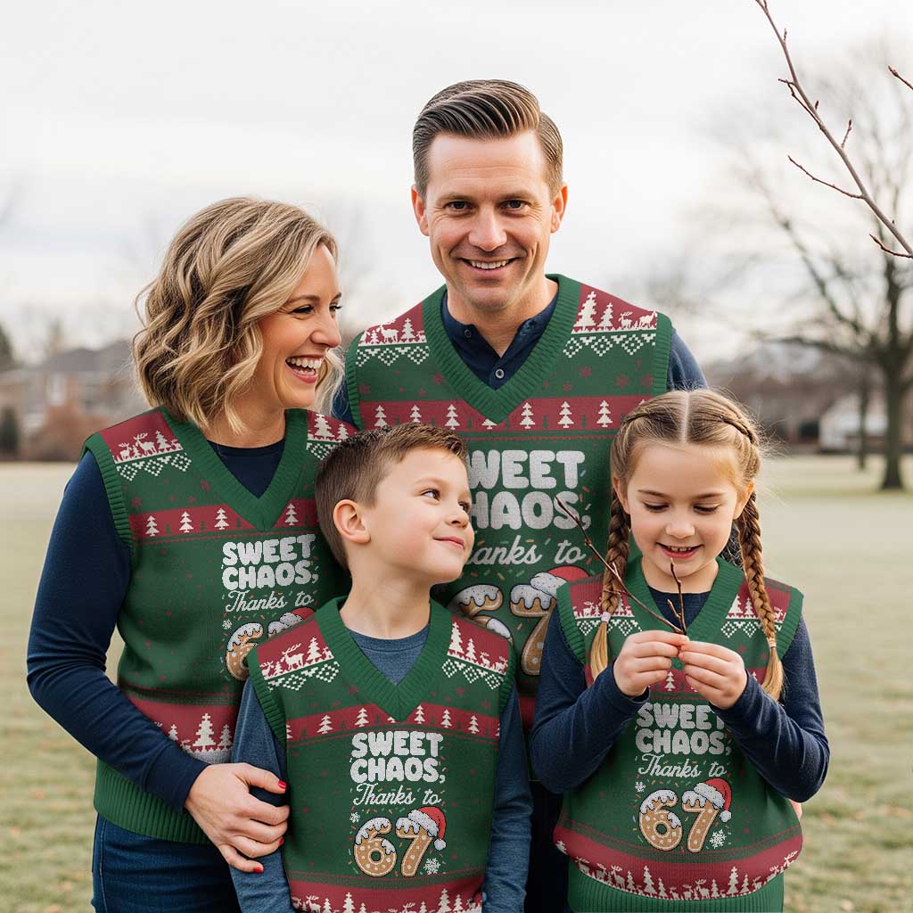 Sweet Chaos Thanks to 67 V-Neck Knit Sweater Vest Funny Xmas Cookie Meme with Sprinkles - Wonder Print Shop