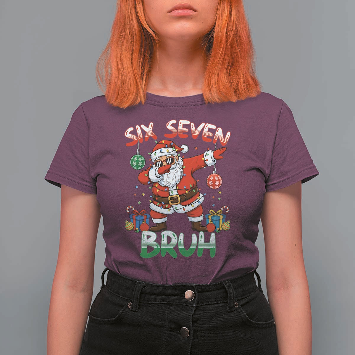 Six Seven Bruh Christmas T Shirt For Women Funny Dabbing Santa 67 Meme Holiday Gag Gift - Wonder Print Shop