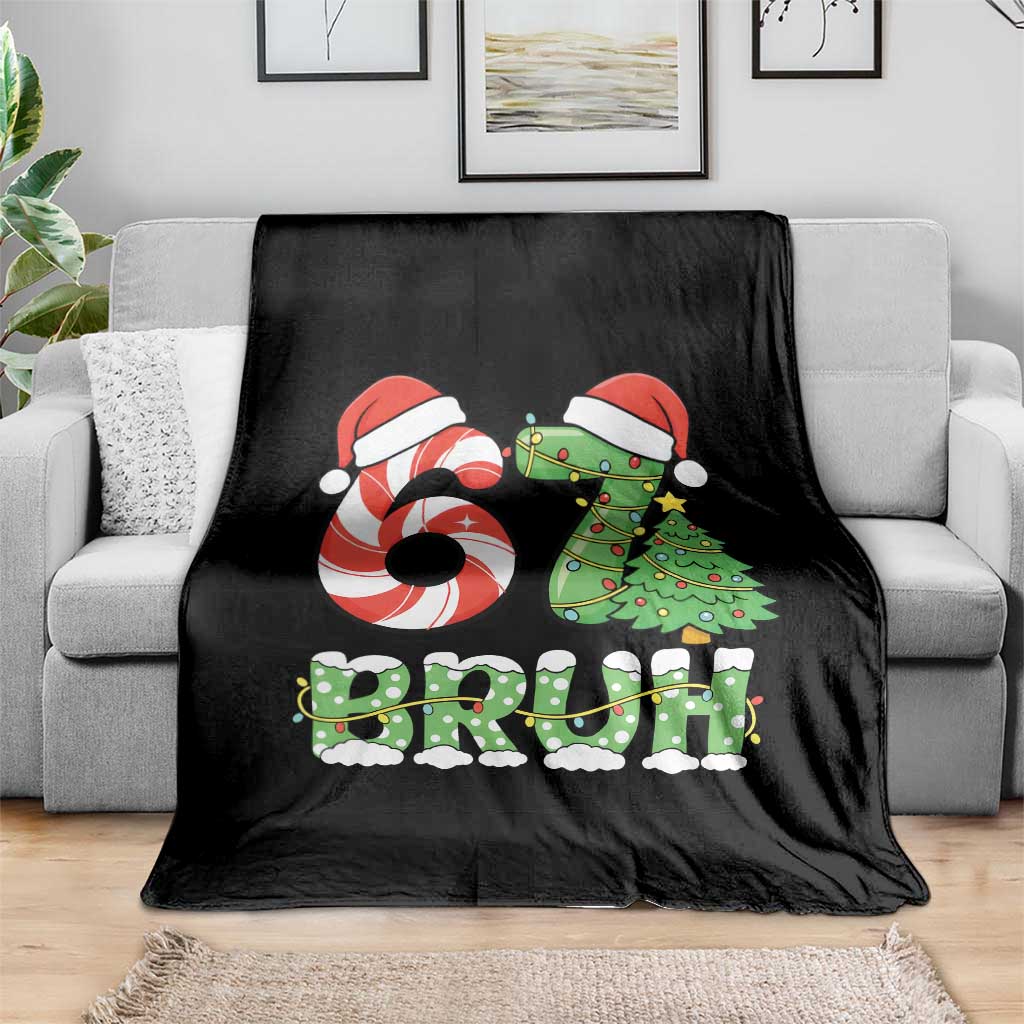 Funny 67 Bruh Christmas Throw Blanket Candy Cane and Xmas Tree Six Seven Meme Holiday Lights - Wonder Print Shop