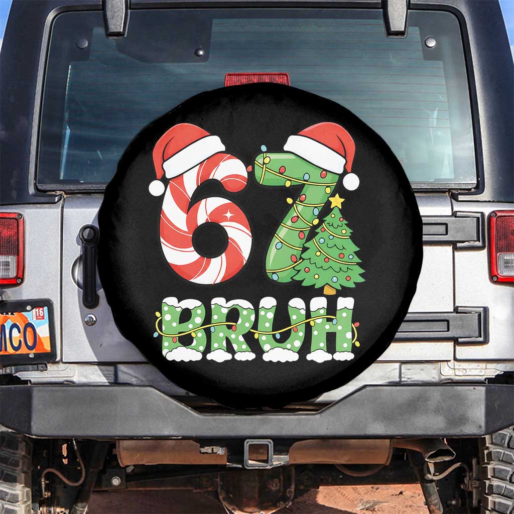 Funny 67 Bruh Christmas Spare Tire Cover Candy Cane and Xmas Tree Six Seven Meme Holiday Lights - Wonder Print Shop