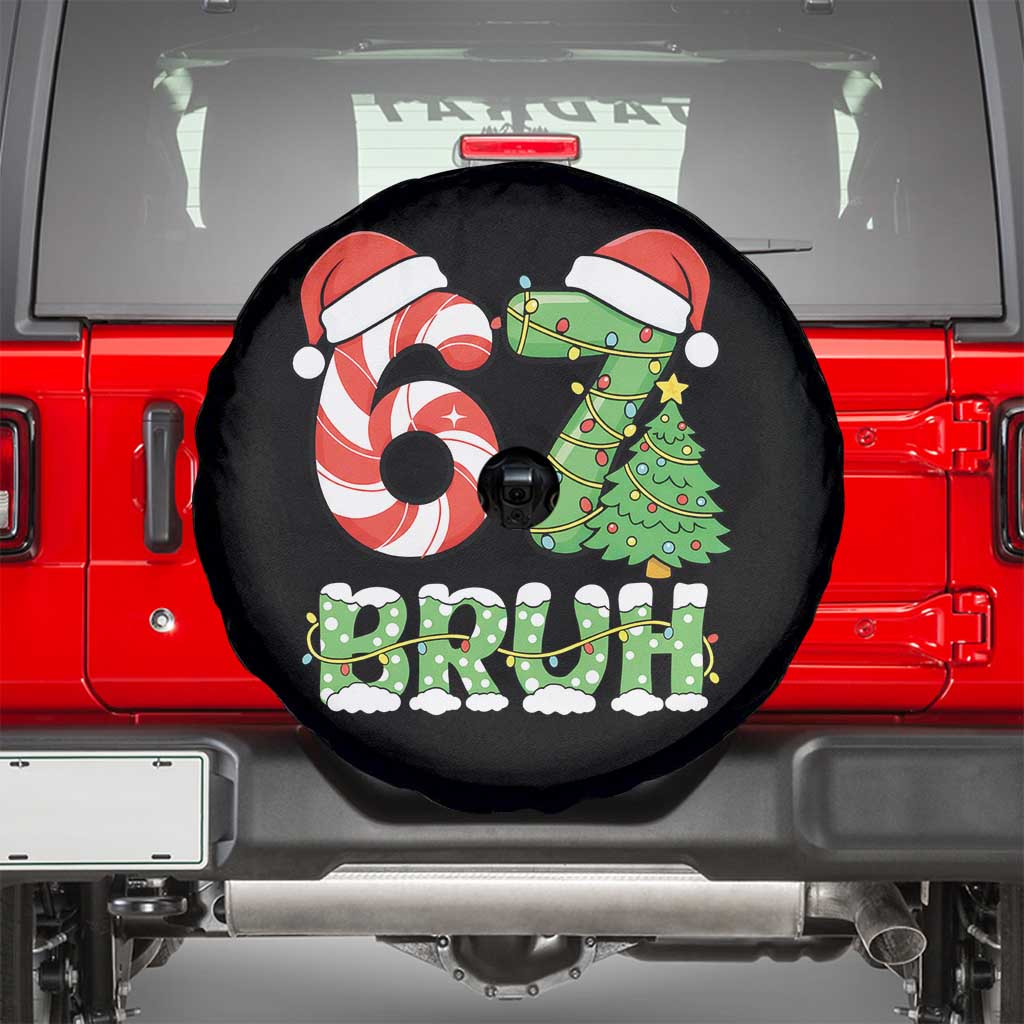 Funny 67 Bruh Christmas Spare Tire Cover Candy Cane and Xmas Tree Six Seven Meme Holiday Lights - Wonder Print Shop