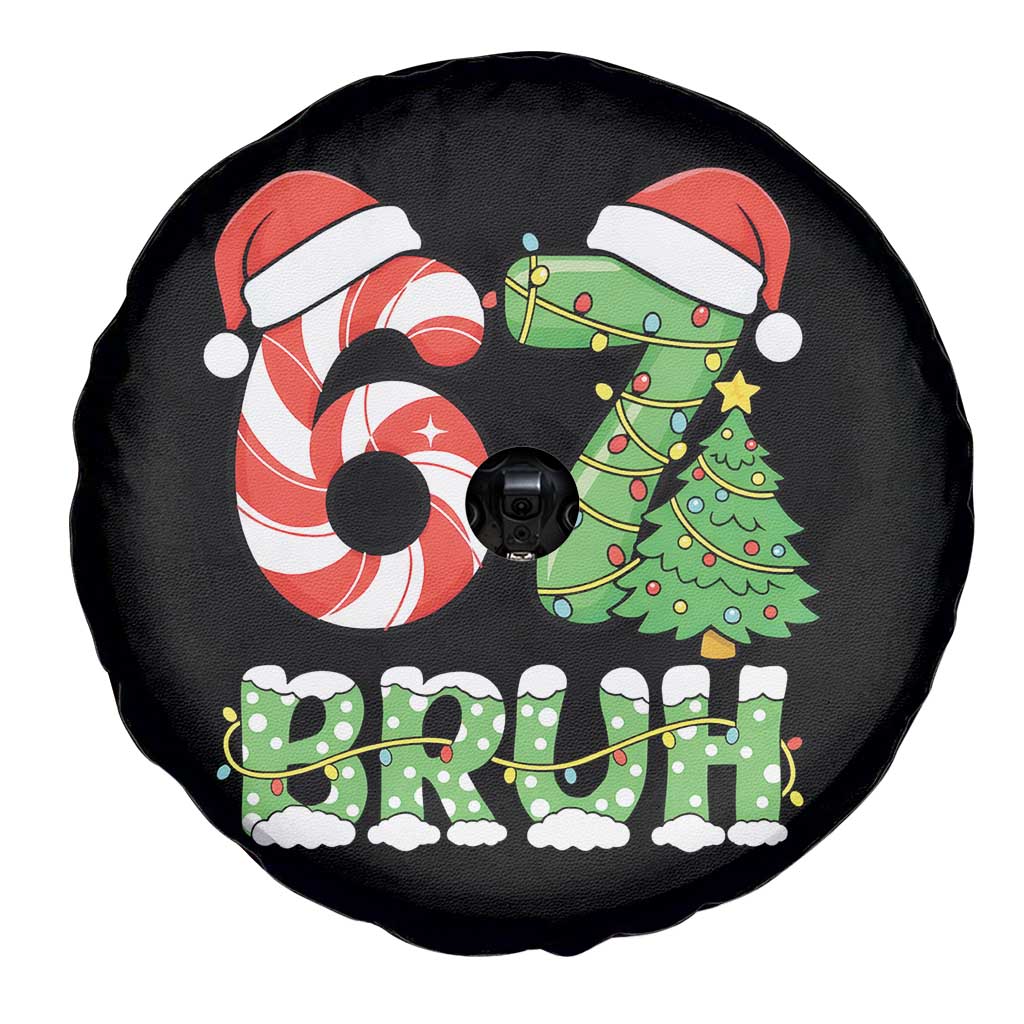 Funny 67 Bruh Christmas Spare Tire Cover Candy Cane and Xmas Tree Six Seven Meme Holiday Lights - Wonder Print Shop