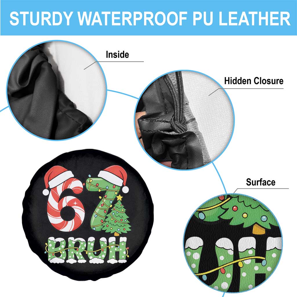 Funny 67 Bruh Christmas Spare Tire Cover Candy Cane and Xmas Tree Six Seven Meme Holiday Lights - Wonder Print Shop