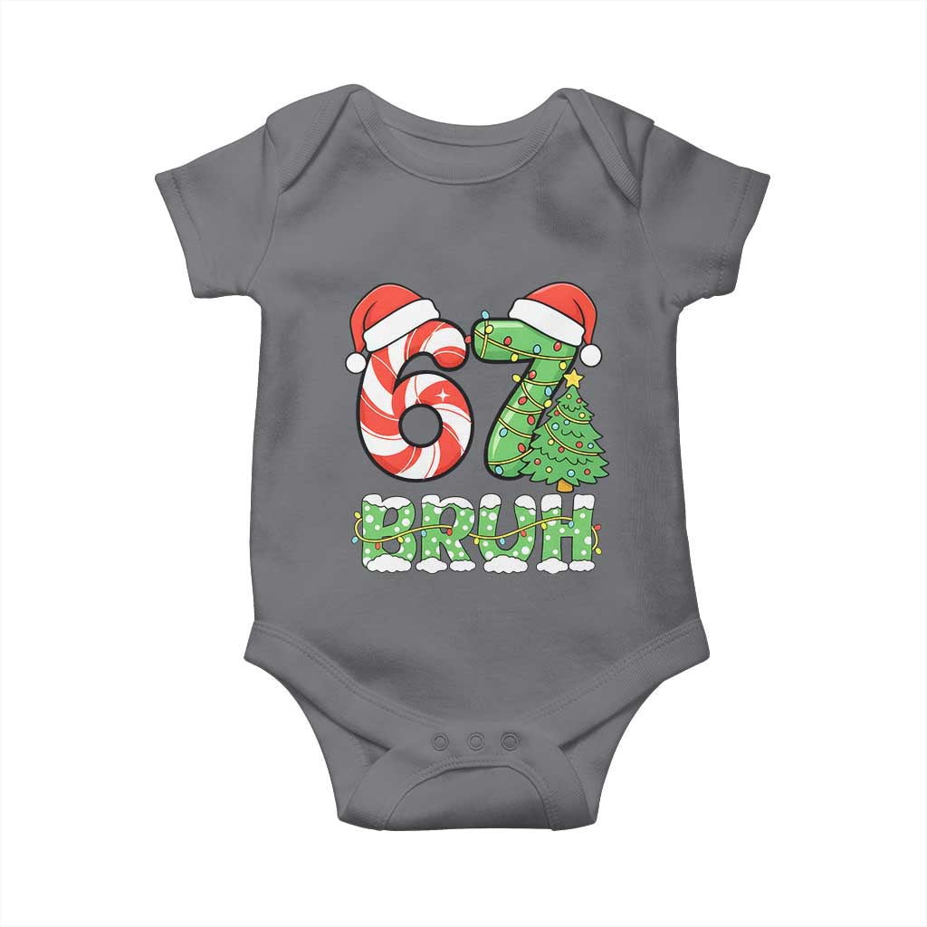 Funny 67 Bruh Christmas Baby Onesie Candy Cane and Xmas Tree Six Seven Meme Holiday Lights - Wonder Print Shop
