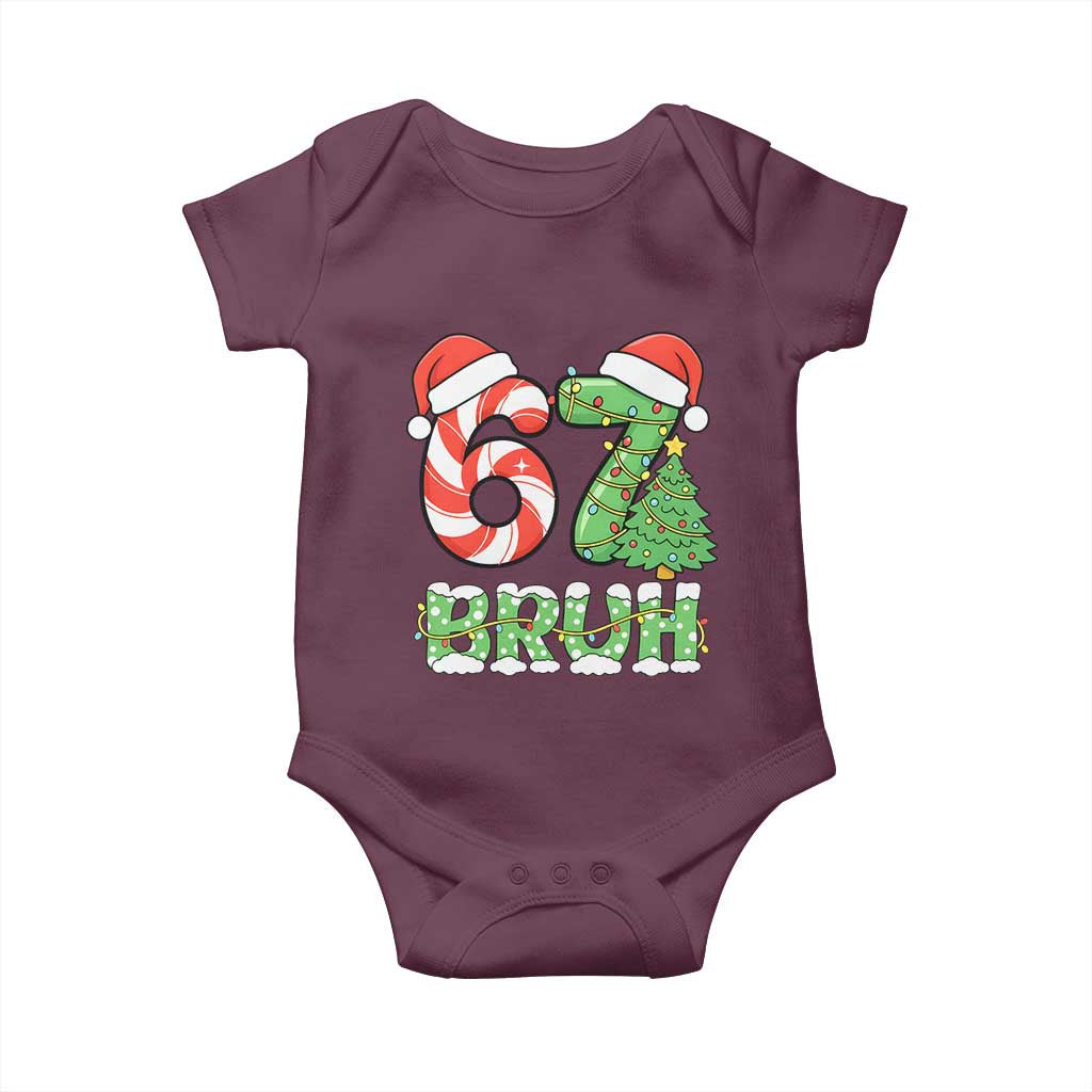 Funny 67 Bruh Christmas Baby Onesie Candy Cane and Xmas Tree Six Seven Meme Holiday Lights - Wonder Print Shop