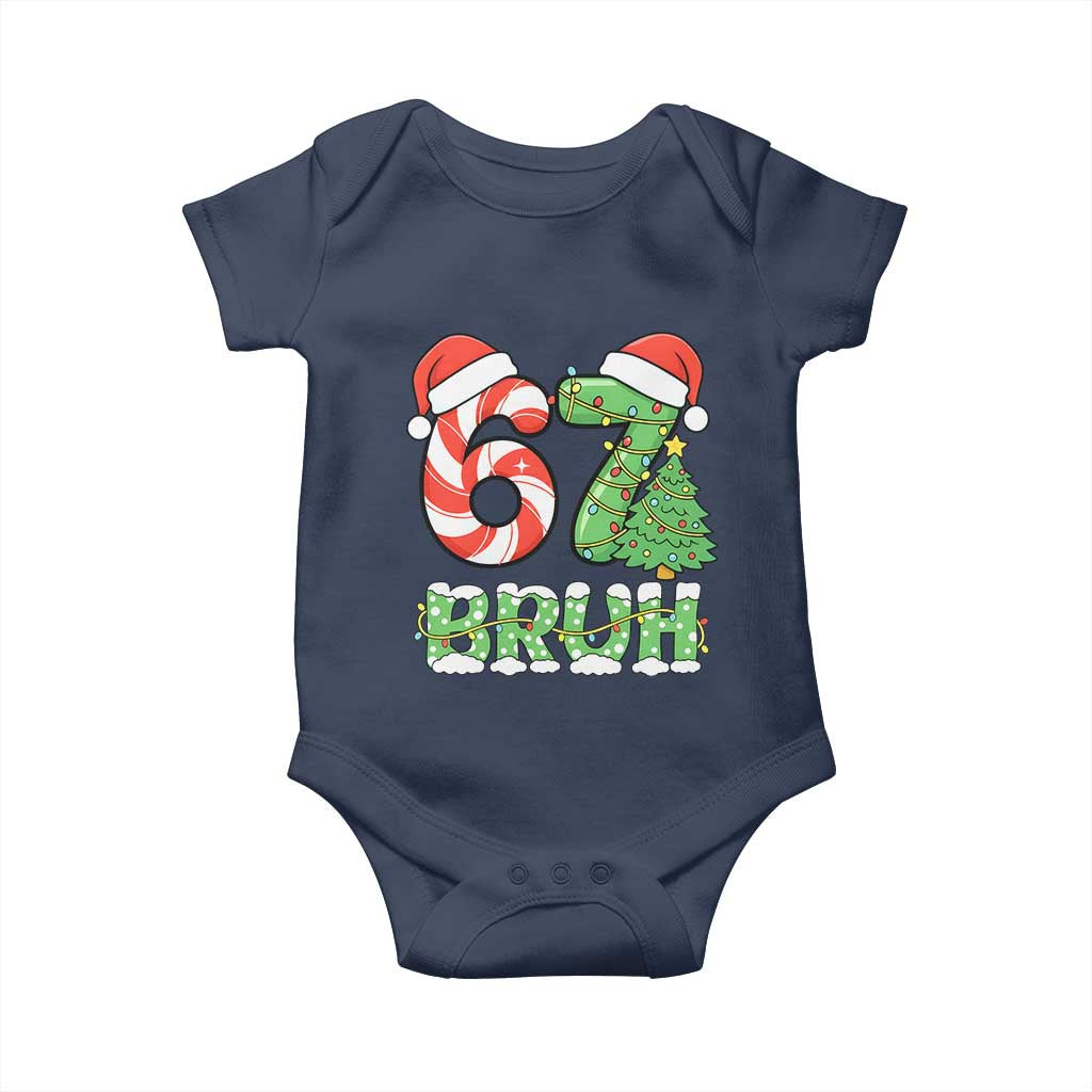 Funny 67 Bruh Christmas Baby Onesie Candy Cane and Xmas Tree Six Seven Meme Holiday Lights - Wonder Print Shop