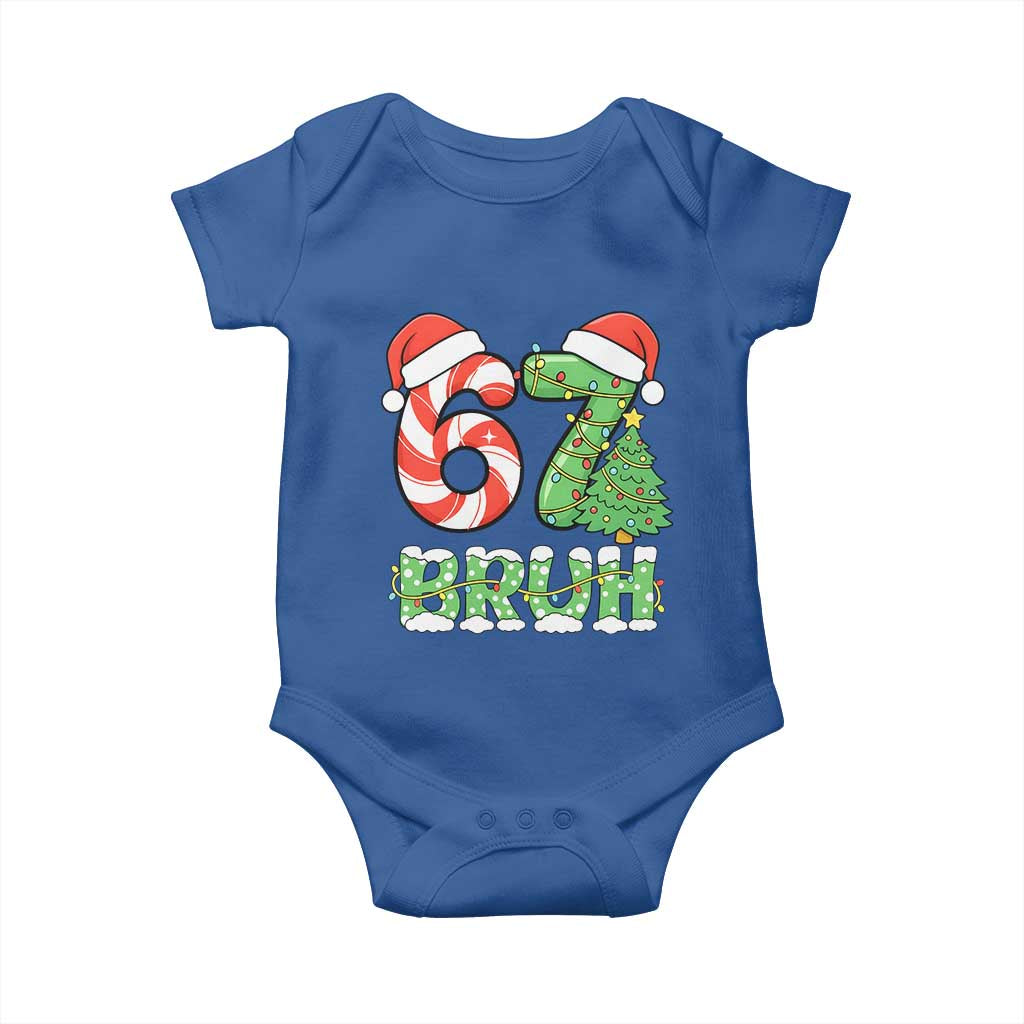 Funny 67 Bruh Christmas Baby Onesie Candy Cane and Xmas Tree Six Seven Meme Holiday Lights - Wonder Print Shop