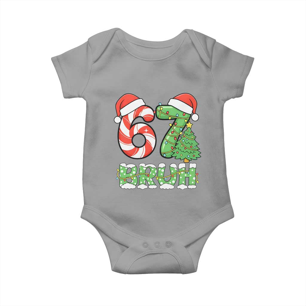 Funny 67 Bruh Christmas Baby Onesie Candy Cane and Xmas Tree Six Seven Meme Holiday Lights - Wonder Print Shop