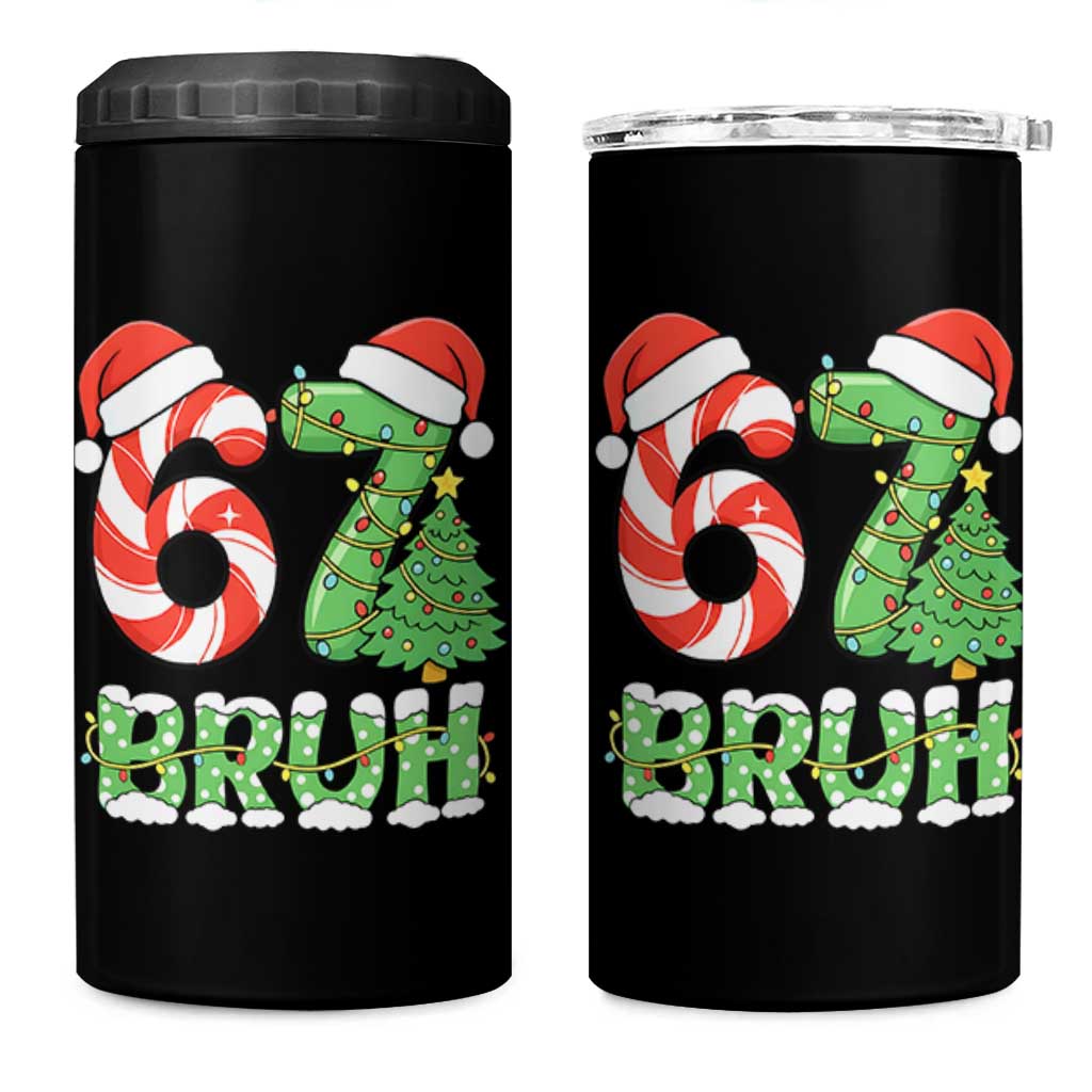 Funny 67 Bruh Christmas 4 in 1 Can Cooler Tumbler Candy Cane and Xmas Tree Six Seven Meme Holiday Lights - Wonder Print Shop