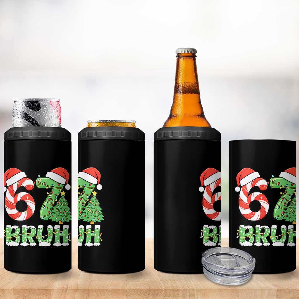 Funny 67 Bruh Christmas 4 in 1 Can Cooler Tumbler Candy Cane and Xmas Tree Six Seven Meme Holiday Lights - Wonder Print Shop