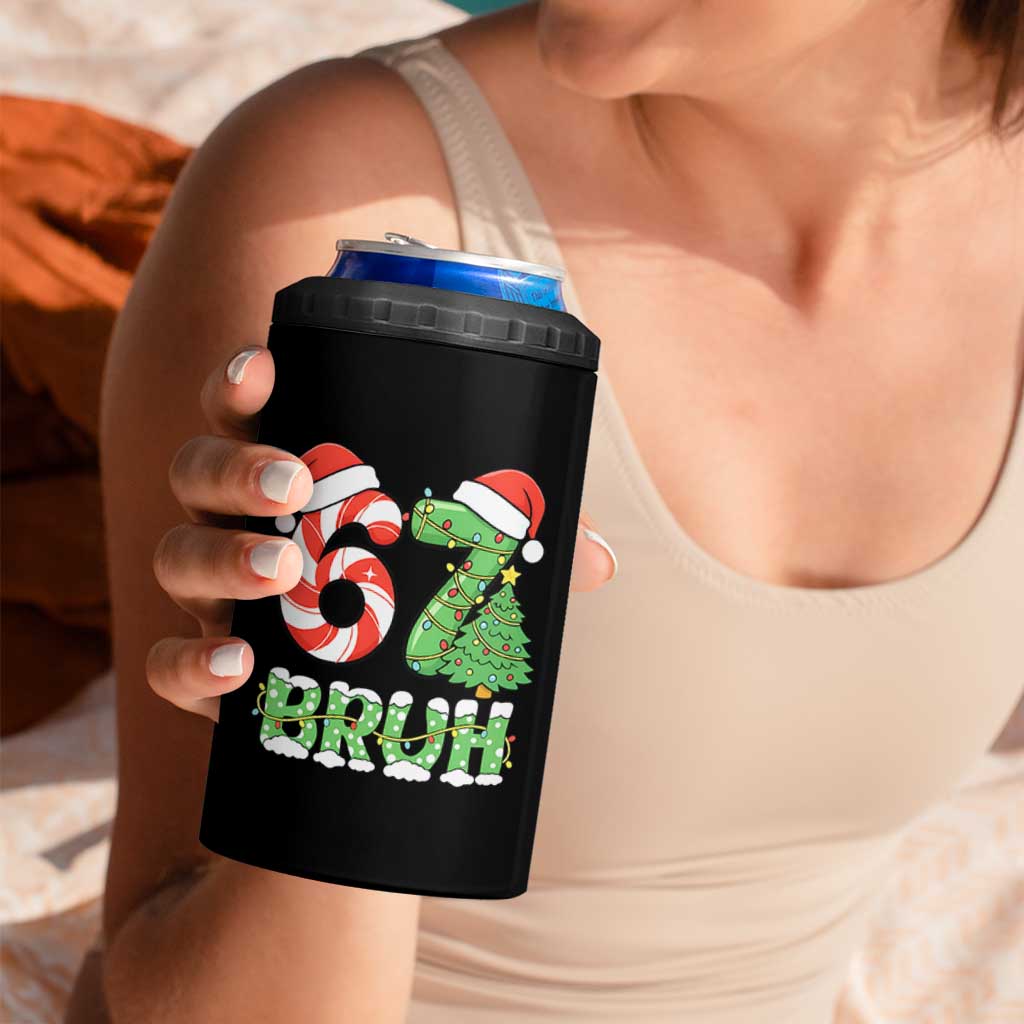 Funny 67 Bruh Christmas 4 in 1 Can Cooler Tumbler Candy Cane and Xmas Tree Six Seven Meme Holiday Lights - Wonder Print Shop
