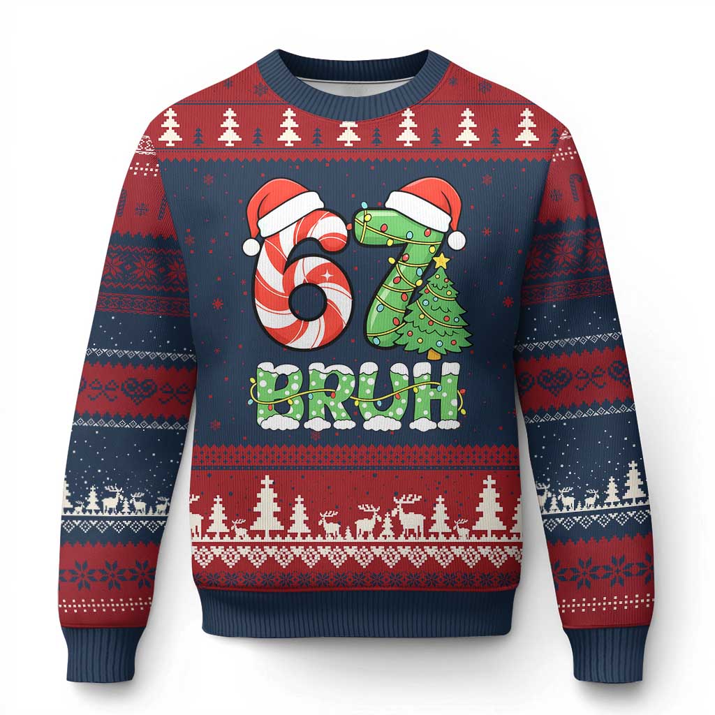 Funny 67 Bruh Xmas Ugly Christmas Sweater Candy Cane and Xmas Tree Six Seven Meme Holiday Lights - Wonder Print Shop