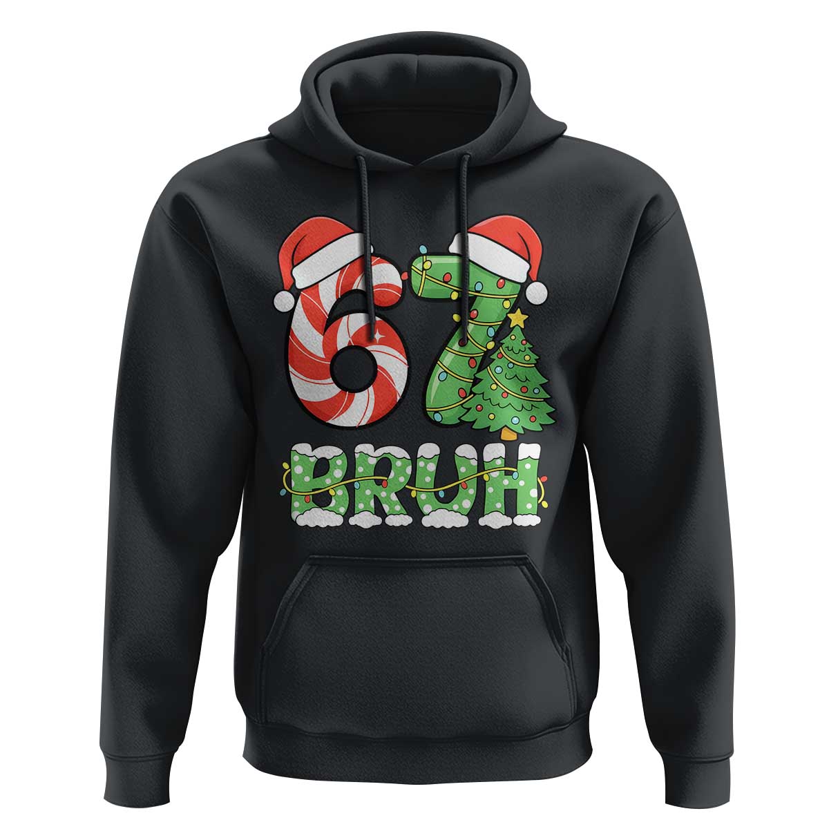 Funny 67 Bruh Christmas Hoodie Candy Cane and Xmas Tree Six Seven Meme Holiday Lights - Wonder Print Shop
