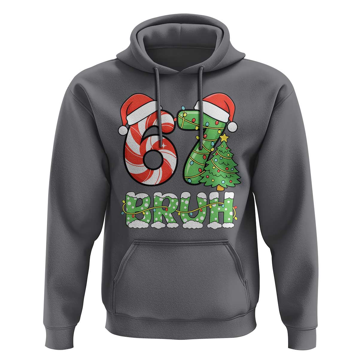 Funny 67 Bruh Christmas Hoodie Candy Cane and Xmas Tree Six Seven Meme Holiday Lights - Wonder Print Shop