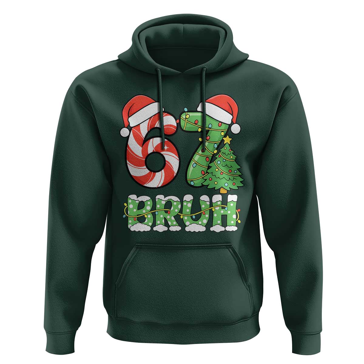 Funny 67 Bruh Christmas Hoodie Candy Cane and Xmas Tree Six Seven Meme Holiday Lights - Wonder Print Shop