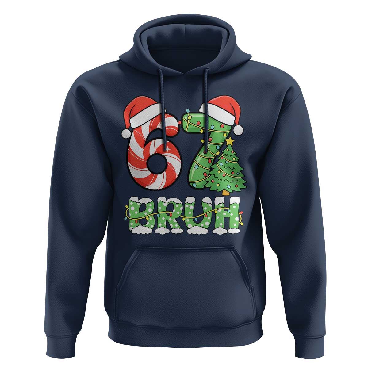 Funny 67 Bruh Christmas Hoodie Candy Cane and Xmas Tree Six Seven Meme Holiday Lights - Wonder Print Shop