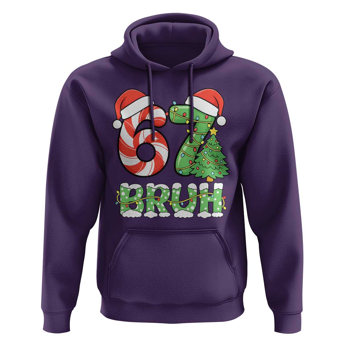 Funny 67 Bruh Christmas Hoodie Candy Cane and Xmas Tree Six Seven Meme Holiday Lights - Wonder Print Shop