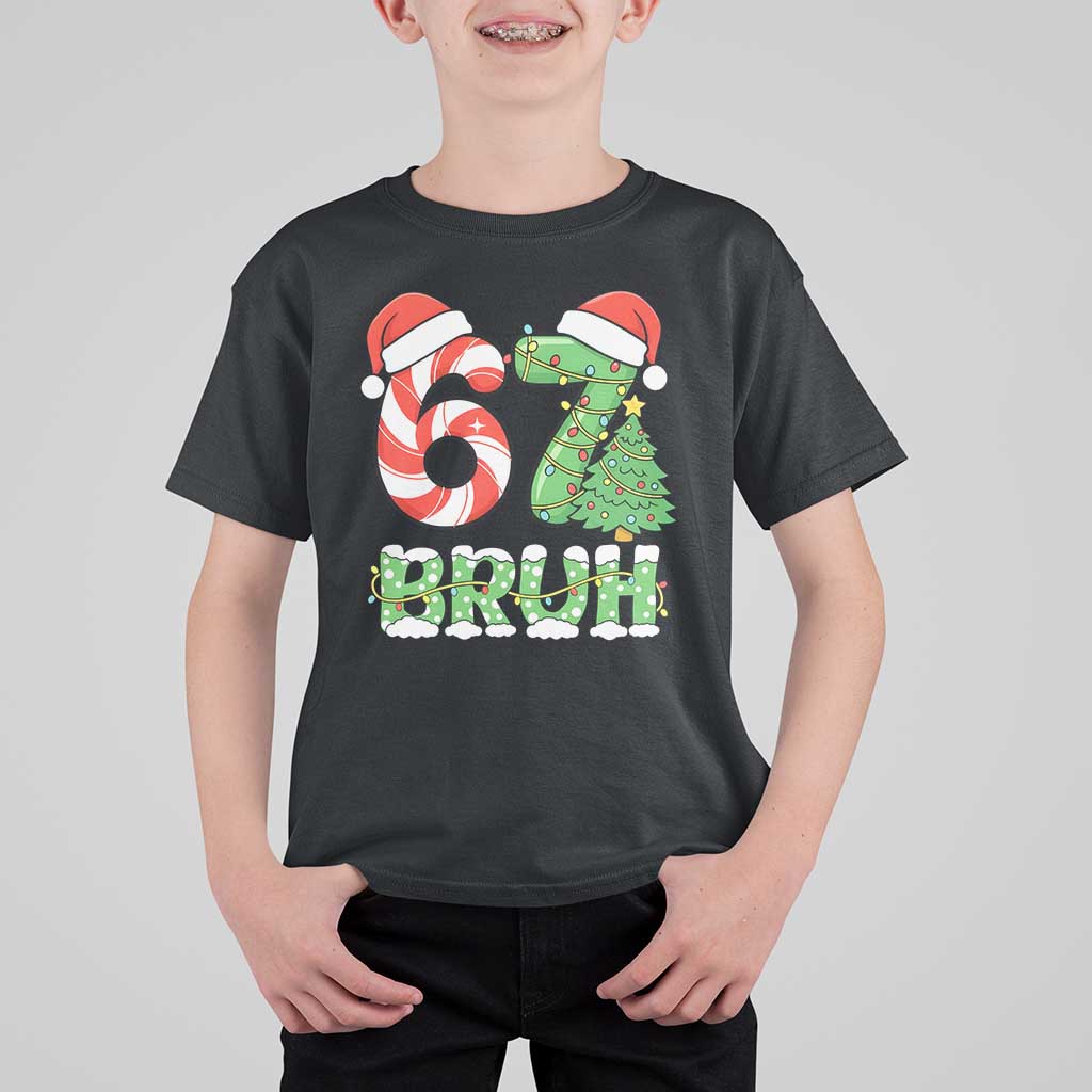 Funny 67 Bruh Christmas T Shirt For Kid Candy Cane and Xmas Tree Six Seven Meme Holiday Lights - Wonder Print Shop