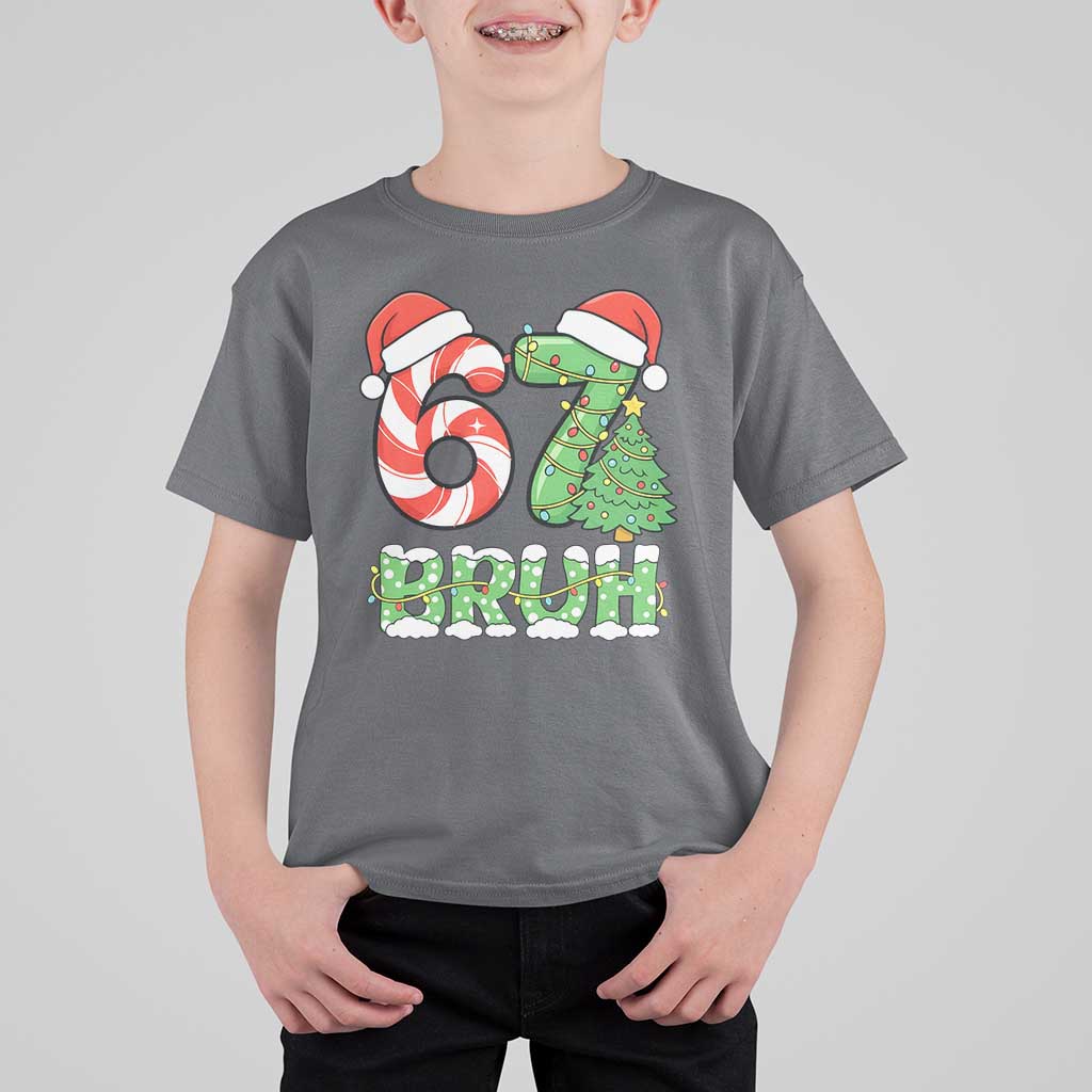 Funny 67 Bruh Christmas T Shirt For Kid Candy Cane and Xmas Tree Six Seven Meme Holiday Lights - Wonder Print Shop