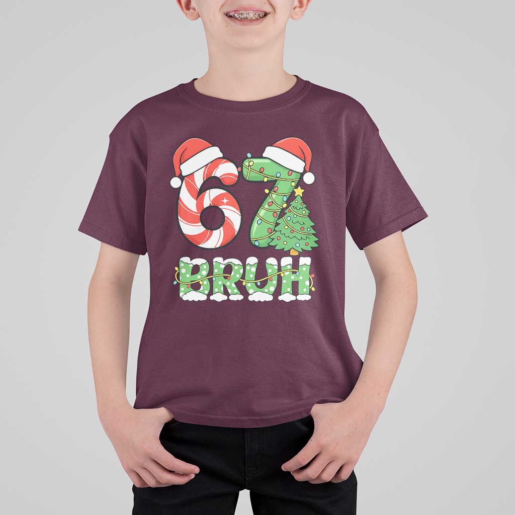 Funny 67 Bruh Christmas T Shirt For Kid Candy Cane and Xmas Tree Six Seven Meme Holiday Lights - Wonder Print Shop