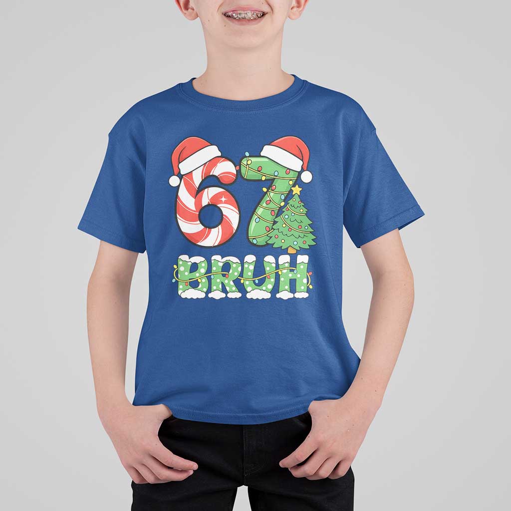 Funny 67 Bruh Christmas T Shirt For Kid Candy Cane and Xmas Tree Six Seven Meme Holiday Lights - Wonder Print Shop